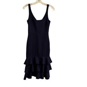 Amanda Uprichard Eloise Midi Dress Tiered Ruffle Hem Navy Blue Size P = XS